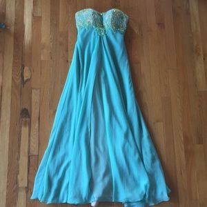 Teal jeweled top prom dress long